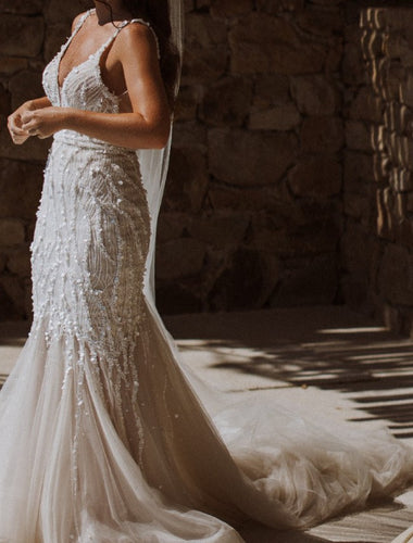 C2022-Sff771 - vestido de novia sin mangas, ajustado y con vuelo, con cuello en V