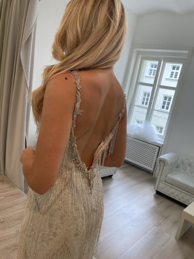 C2022-FB771 beaded fringe v-neck backless wedding gown with straps