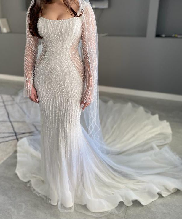 C2023-SLS700 sheer beaded long sleeve scoop neck wedding dress