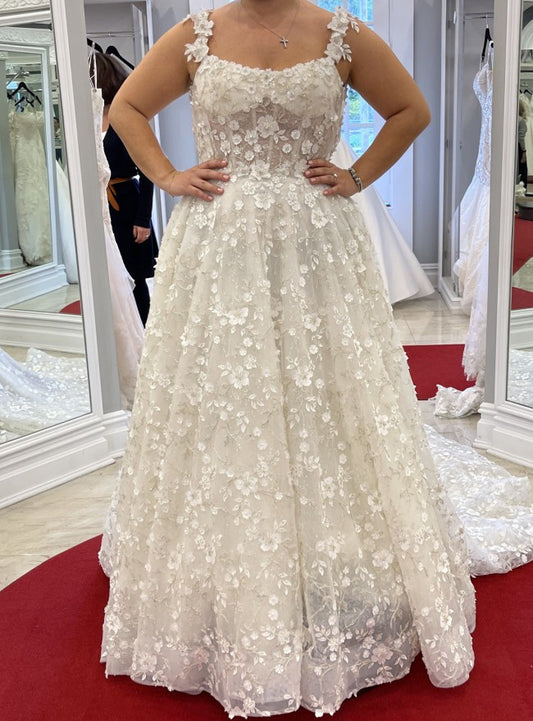 C2023-A661 plus size a-line flower motif wedding gown with straps