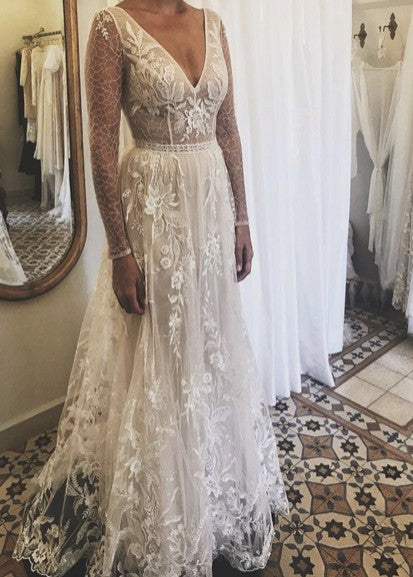 C2023-SLS017 sheer long sleeve v-neck a-line lace wedding gown