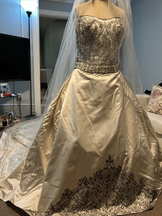 C2023-FB1109 strapless beaded formal ball gown wedding dress with tiered cathedral train