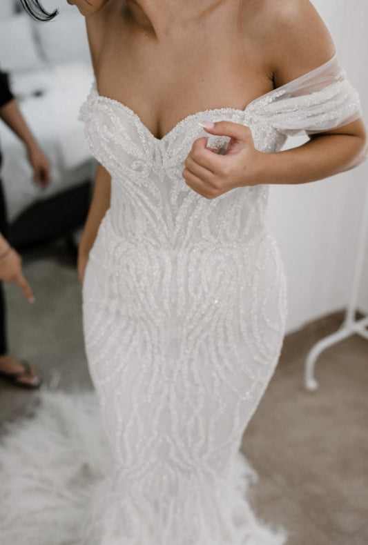 C2023-OS704 beaded off the shoulder fit-to-flare wedding gown with detachable train