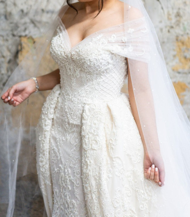 C2023-OS750 Embroidered off the shoulder wedding gown with detachable train