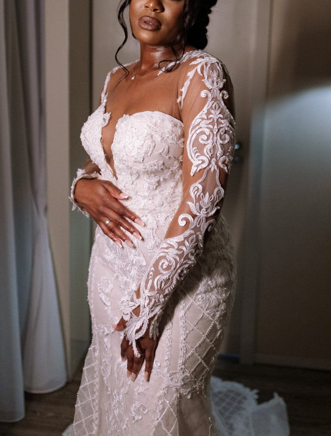 C2023-LS116 Robe de mariée transparente à manches longues et décolleté illusion