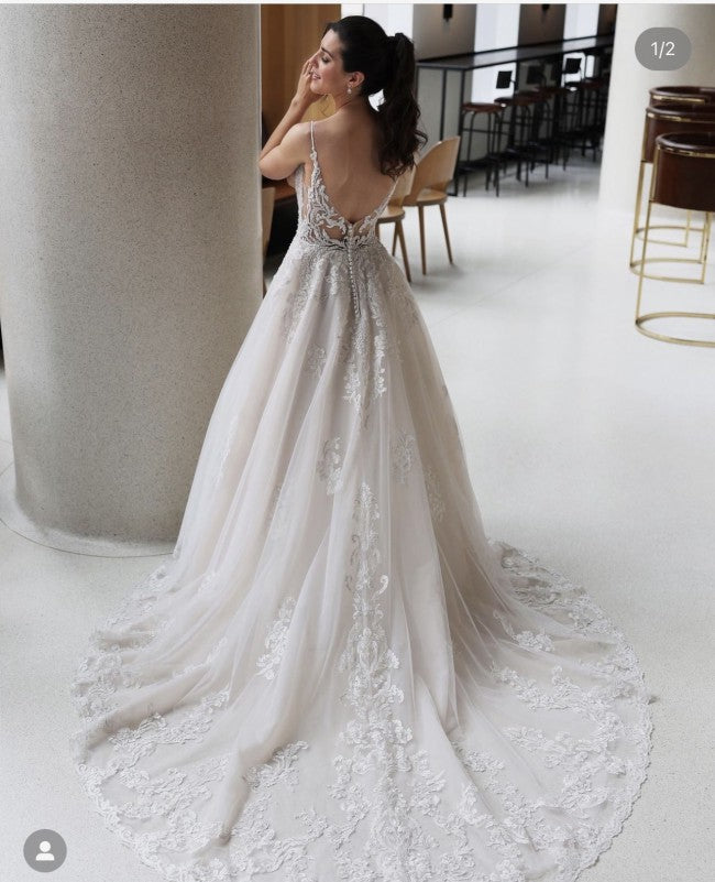 C2023-BG66 - Robe de mariée formelle en dentelle perlée à bretelles spaghetti
