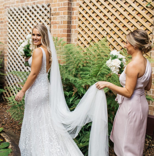 C2023-VN123 sleeveless v-neck 3D flower motif wedding gown and cathedral veil