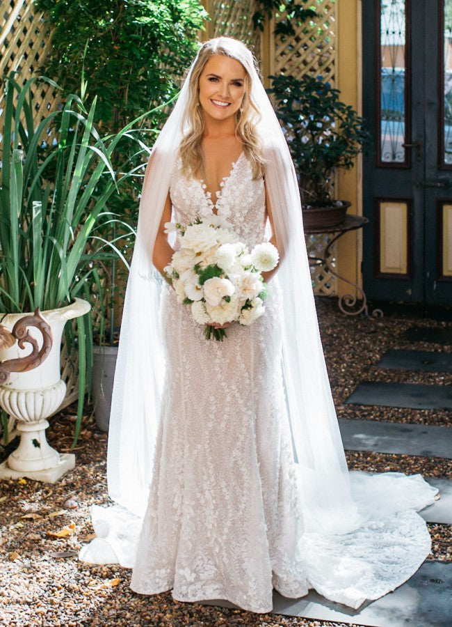 C2023-VN123 sleeveless v-neck 3D flower motif wedding gown and cathedral veil