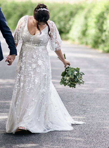 C2023-SSO551 - sheer elbow length long sleeve plus size wedding gown