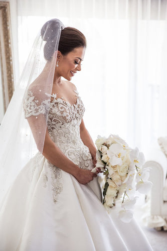 C2023-SS046 traditional short sleeve sheer lace ball gown wedding dress