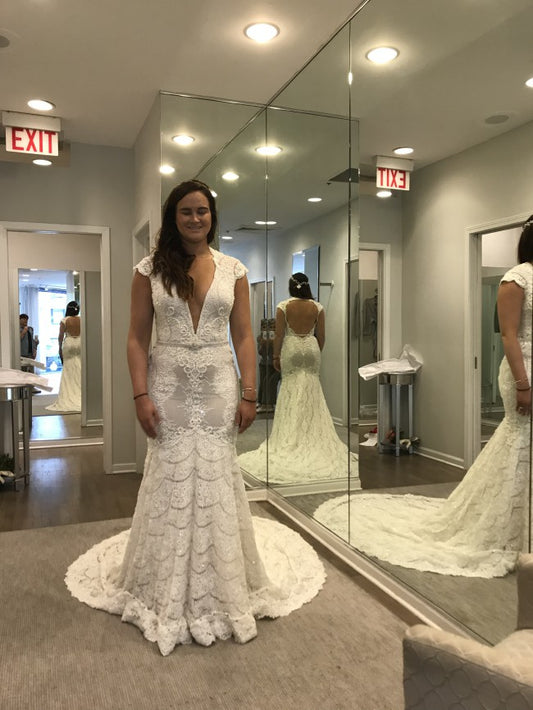 C2023-CAL99 - short cap sleeve v-neck backless lace wedding gown