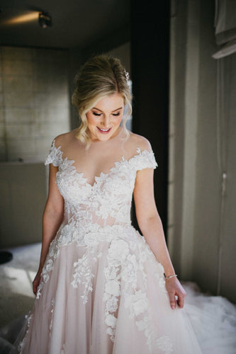 C2023-OA881 - short sleeve off the shoulder illusion neck a-line wedding gown