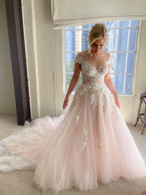 C2023-OA881 - short sleeve off the shoulder illusion neck a-line wedding gown