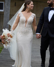 C2023-SL33g - sheer v-neck long sleeve embroidered wedding gown