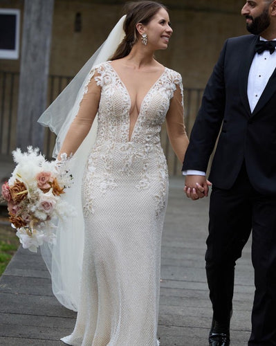 C2023-SL33g - sheer v-neck long sleeve embroidered wedding gown