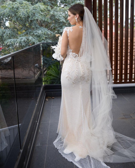C2023-SL33g - sheer v-neck long sleeve embroidered wedding gown