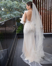 C2023-SL33g - sheer v-neck long sleeve embroidered wedding gown
