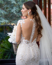 C2023-SL33g - sheer v-neck long sleeve embroidered wedding gown