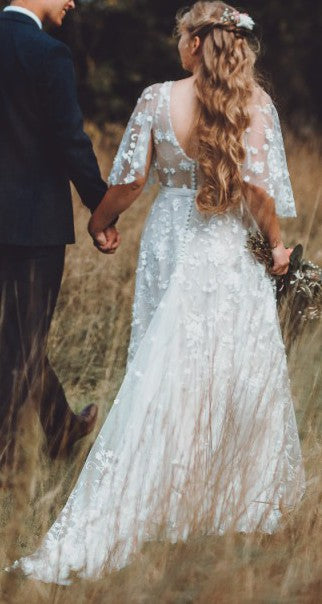 C2023-FS55b sheer short flounce sleeved wedding gown with v-neck line