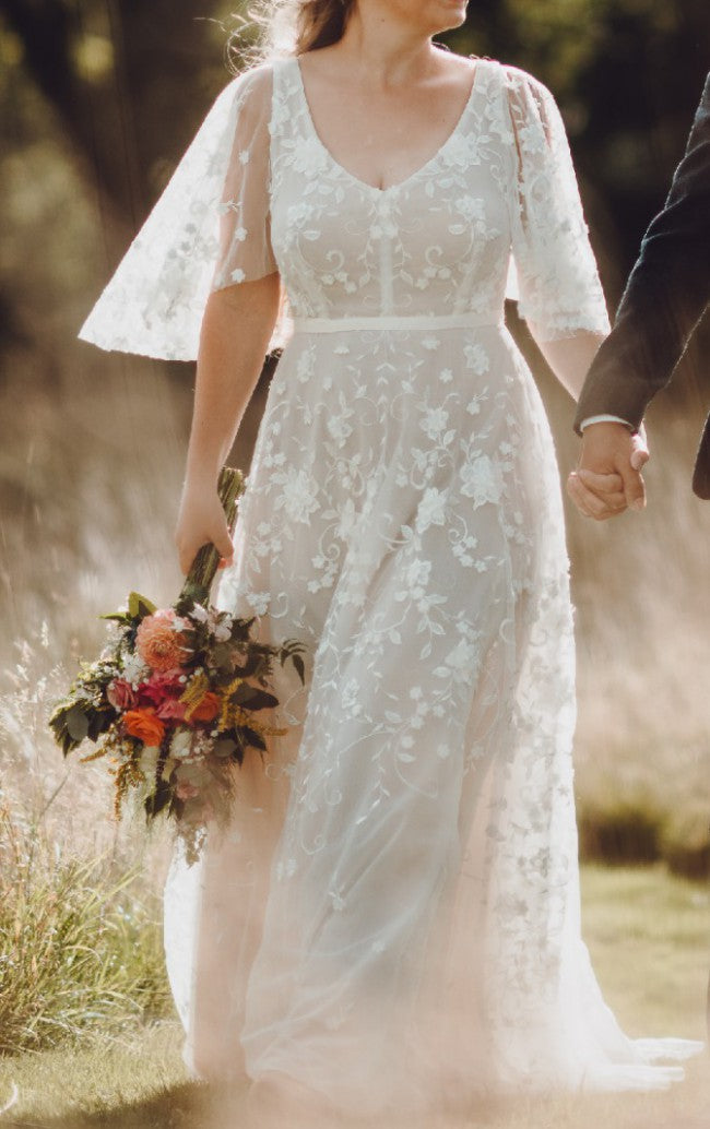 C2023-FS55b sheer short flounce sleeved wedding gown with v-neck line