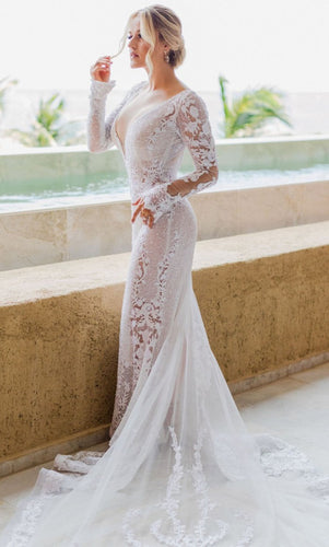 C2023-SSaa9 - couture beaded long sleeve sexy sheer back wedding gown