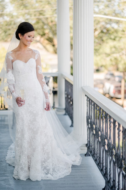 C2023-L410b - sheer long sleeve lace wedding gown with cathedral train