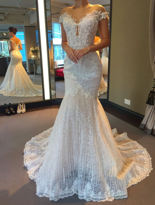 C2023-BL81a - off the shoulder beaded fit-to-flare lace wedding gown