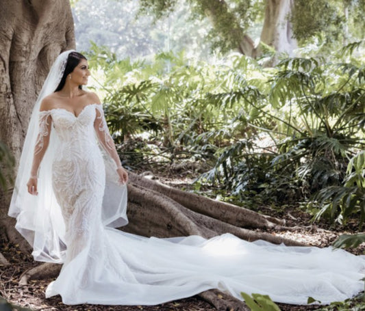 C2023-LSB691  beaded off the shoulder long sleeve wedding gown