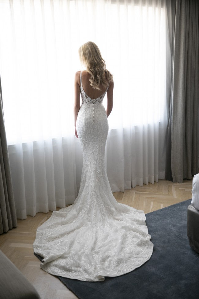 C2023-SS452b - fitted backless embroidered wedding gown with spaghetti straps