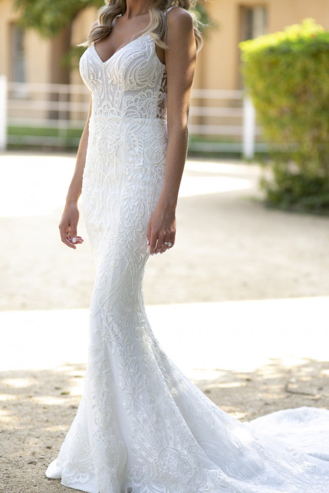 C2023-SS452b - fitted backless embroidered wedding gown with spaghetti straps