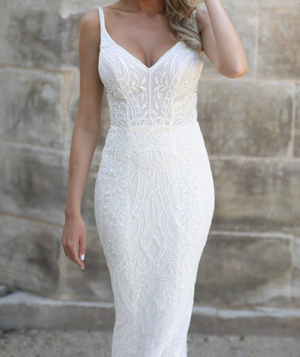 C2023-SS452b - fitted backless embroidered wedding gown with spaghetti straps