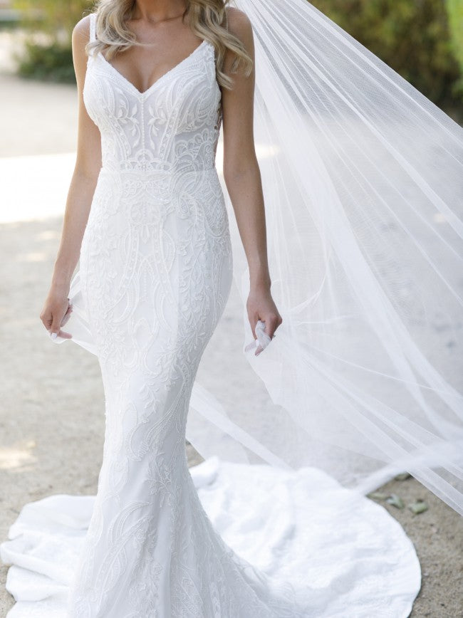 C2023-SS452b - fitted backless embroidered wedding gown with spaghetti straps
