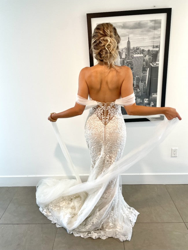 C2023-os60g - soft off the shoulder lace embroidered wedding gown