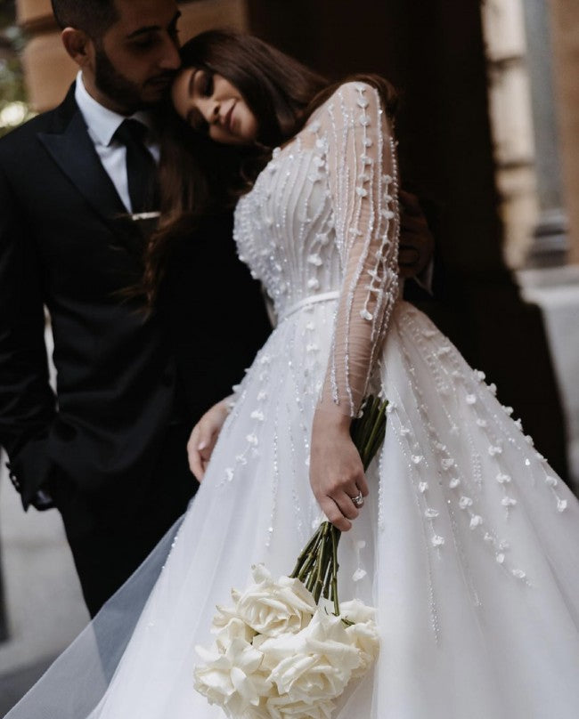 C2023-LS703B - sheer long sleeve illusion neckline wedding gowns