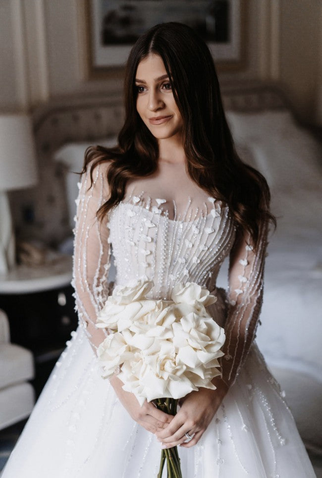 C2023-LS703B - sheer long sleeve illusion neckline wedding gowns