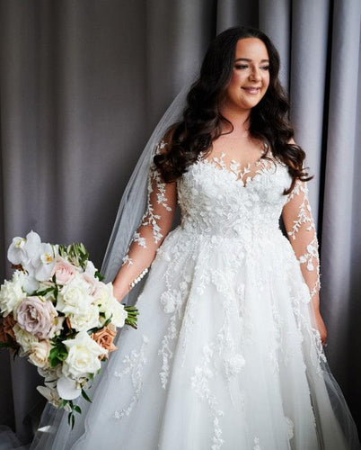 C2022-APS629  Sheer sleeve plus size a-line wedding gown
