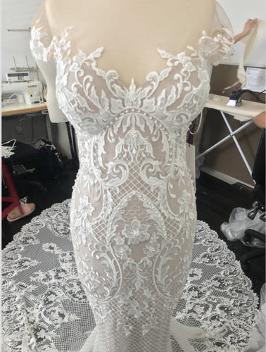 C2022-cs330 - Short cap sleeve embroidered wedding gown with train