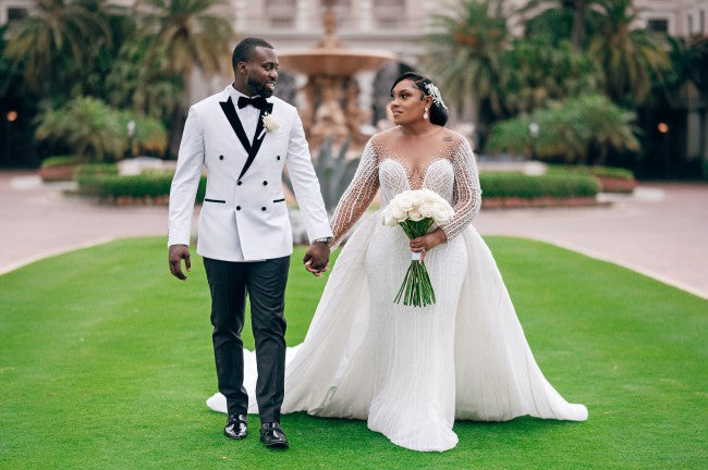 C2022-EA17 couture long sleeve beaded wedding gown with detachable train