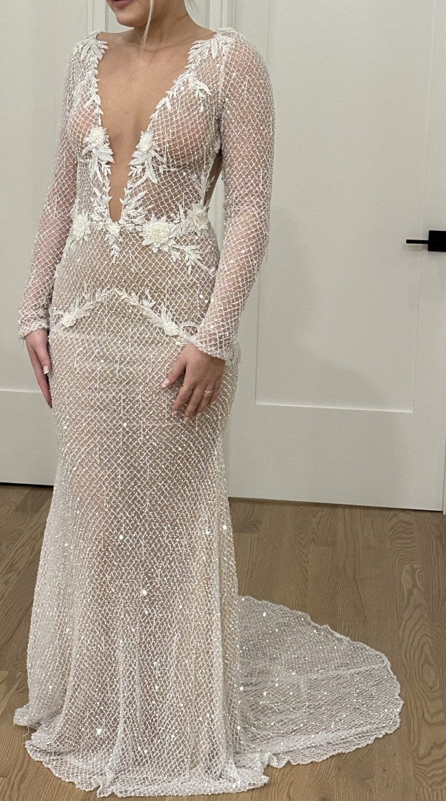 C2023-LS660 - sexy v-neck beaded long sleeve wedding gown
