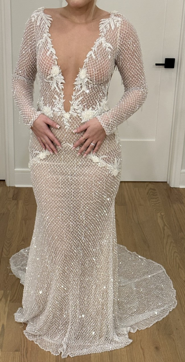 C2023-LS660 - sexy v-neck beaded long sleeve wedding gown