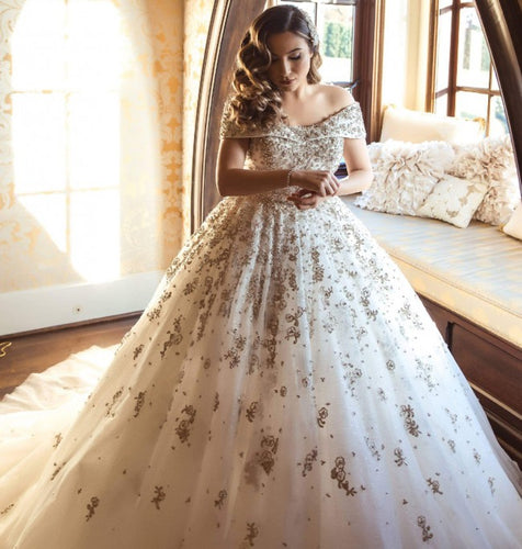 C2022-OB338 Vestido de novia con vestido de fiesta adornado con hombros descubiertos 