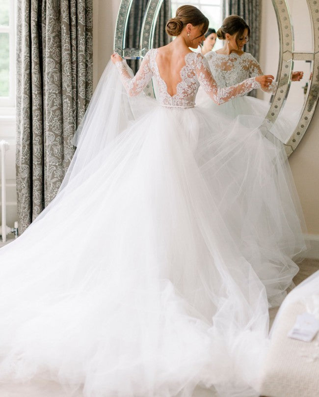 C2022-RB89 - backless long sleeve lace wedding ball gown