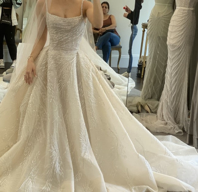 C2023-BB221 - beaded formal ball gown style wedding dress with spaghetti straps