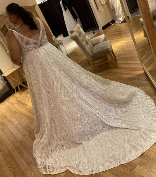 C2023-ps221 beaded plus size lace wedding gown with spaghetti straps