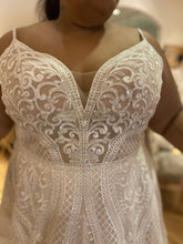 C2023-ps221 beaded plus size lace wedding gown with spaghetti straps