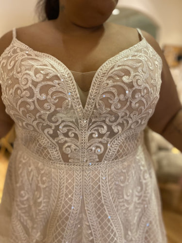 C2023-ps221 beaded plus size lace wedding gown with spaghetti straps