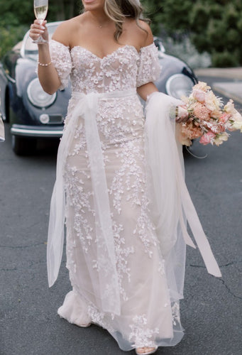 C2022-FS304 Strapless embellished wedding dress with puffy detachable sleeves