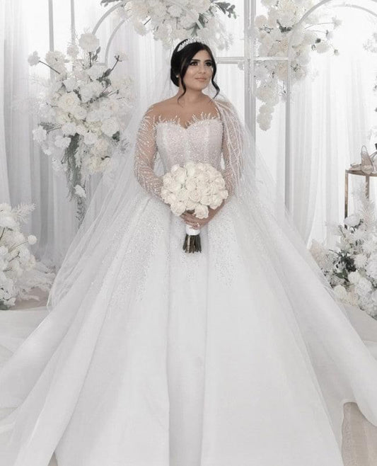 Robe de mariée transparente à manches longues et perles, C2022-BB2T7