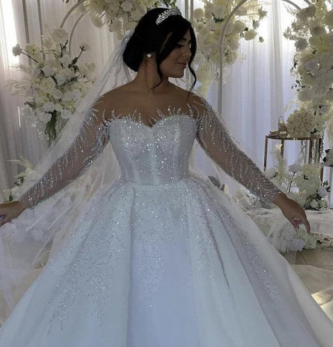 C2022-BB2T7 Sheer beaded long sleeve ball gown wedding dress