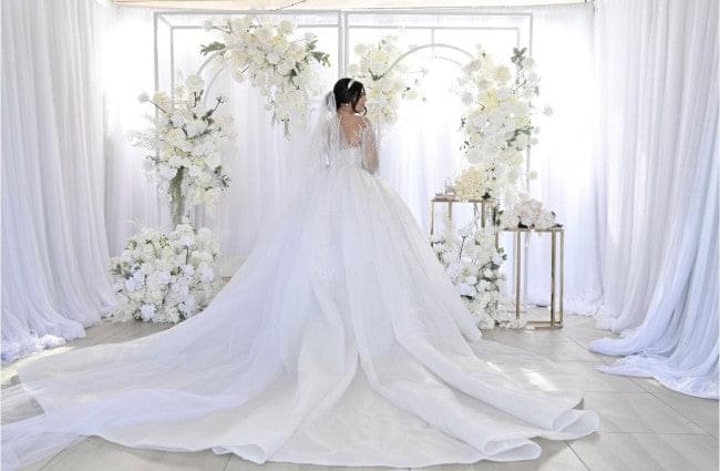 Robe de mariée transparente à manches longues et perles, C2022-BB2T7